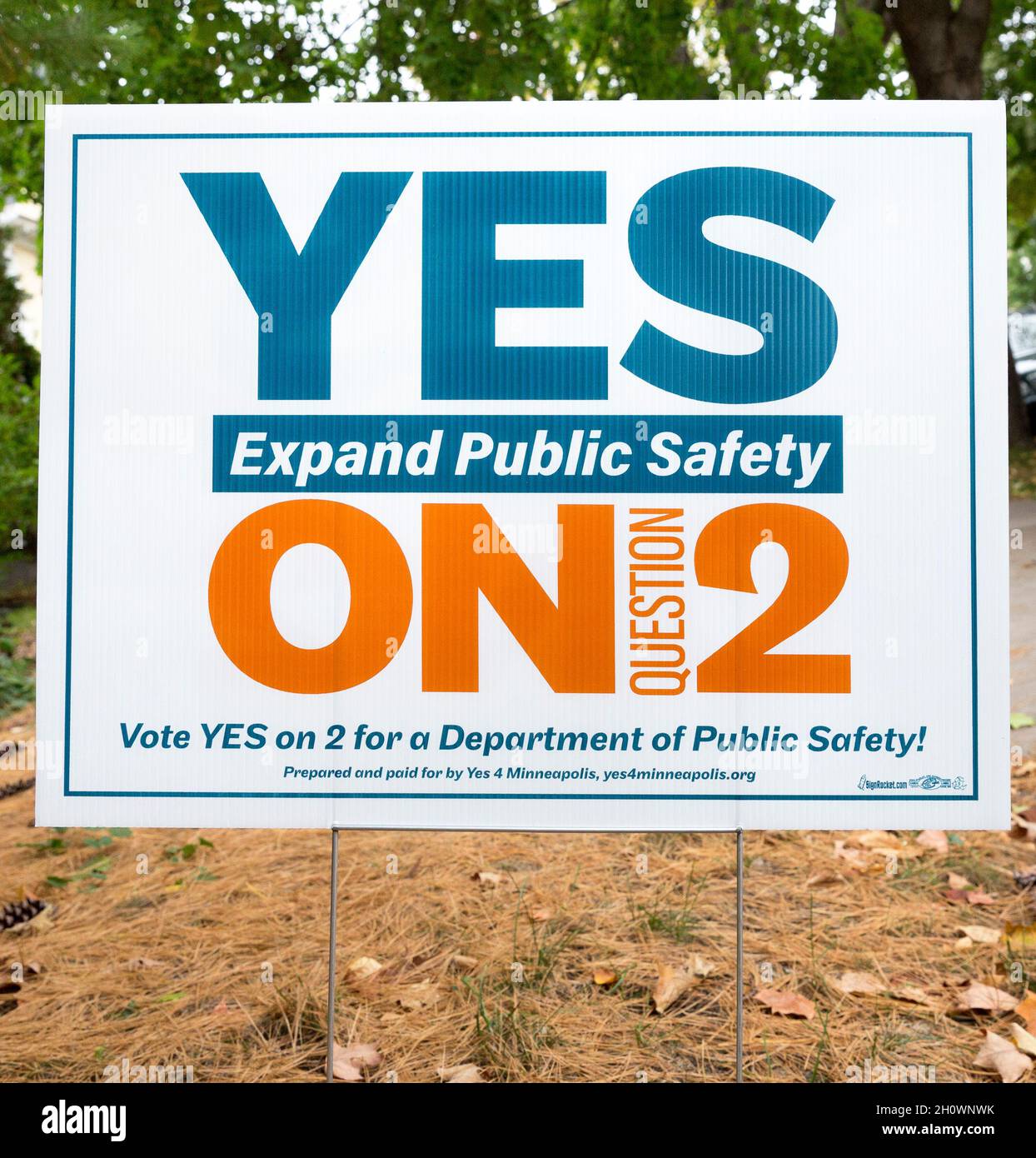 Political yard sign supporting voting yes on Minneapolis city elction ballot measure for police and public safety reform Stock Photo