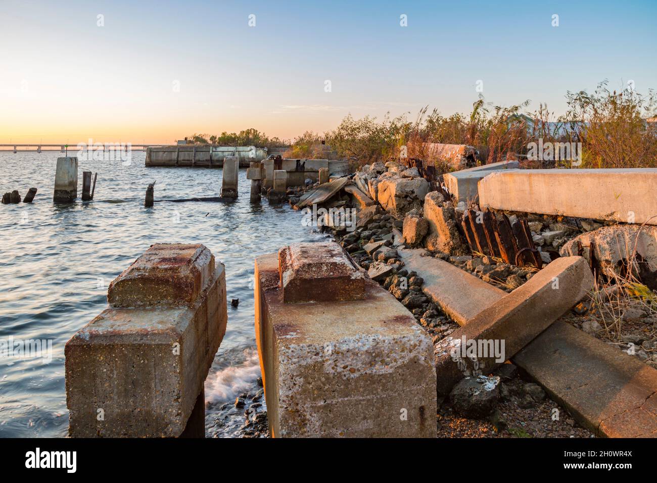 Remains of an old gantry crane track on the Back Bay in Biloxi, Mississippi Stock Photo Alamy