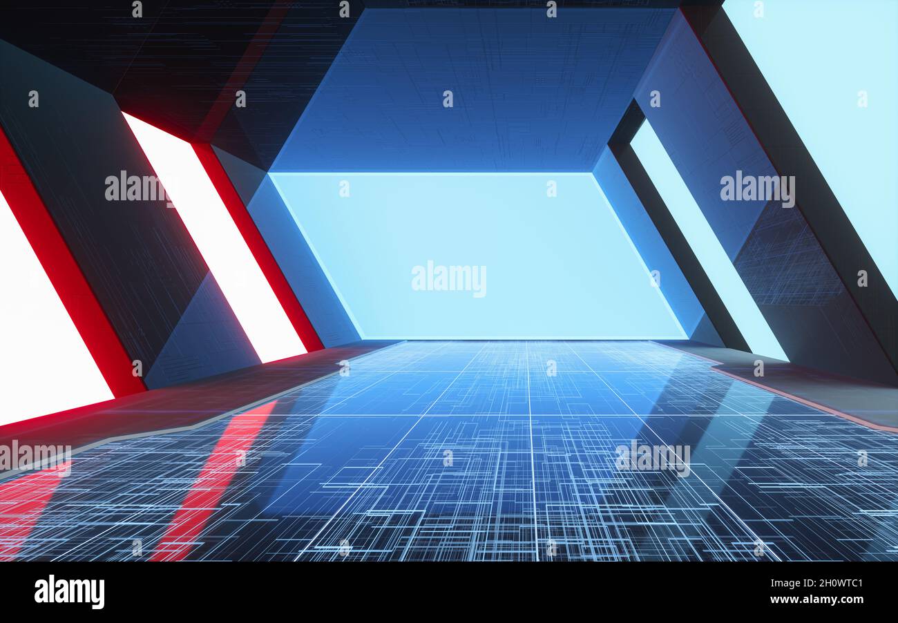 Tunnel of the future, futuristic room, 3d rendering. Computer digital ...
