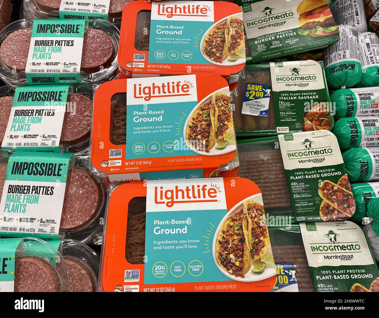 Variety of plantbased meat alternatives in the freezer case at Jewel