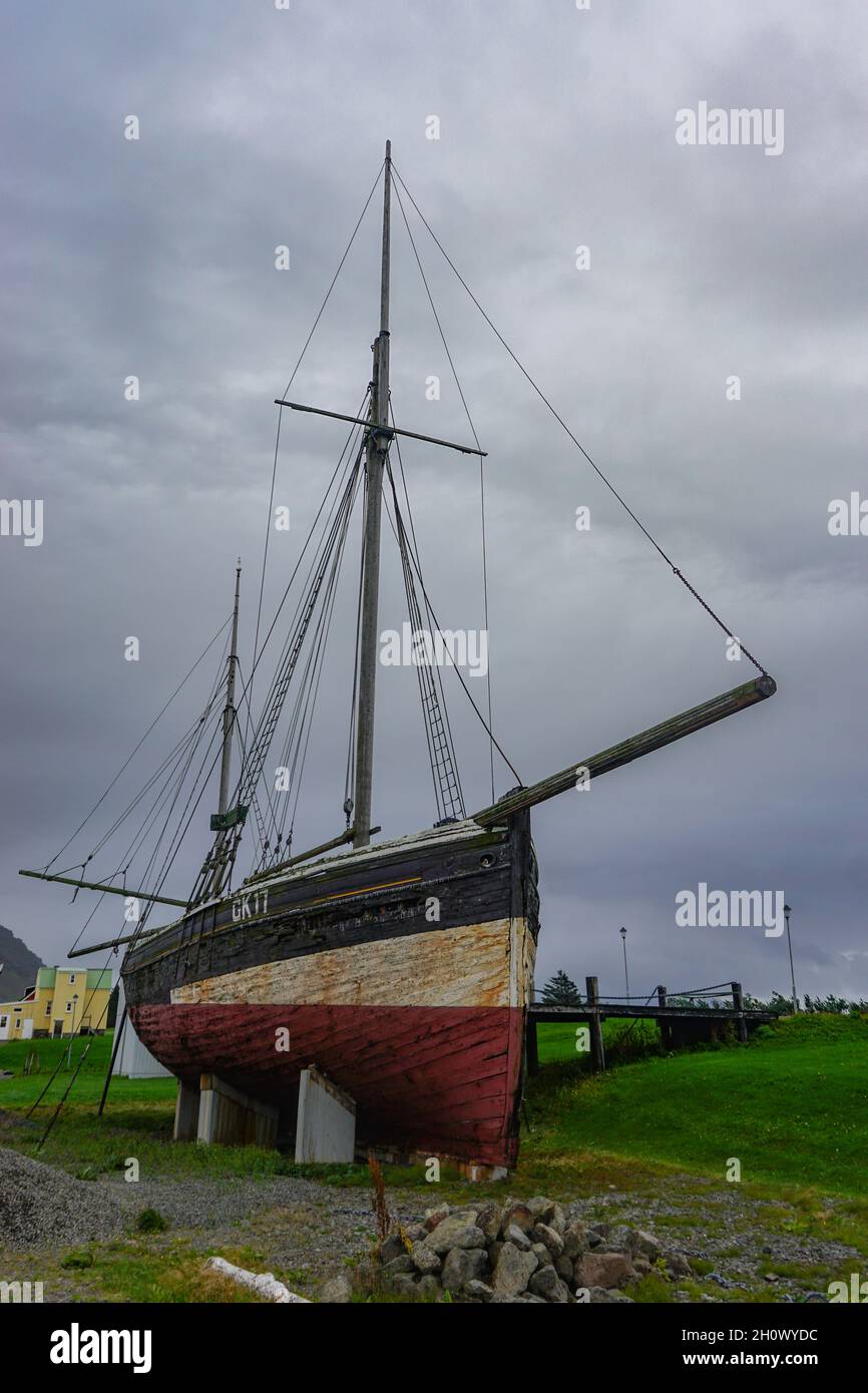Akranes, Iceland: The Sigurfari -- a ketch built in England in 1885 --at the Akranes Folk Museum. Stock Photo