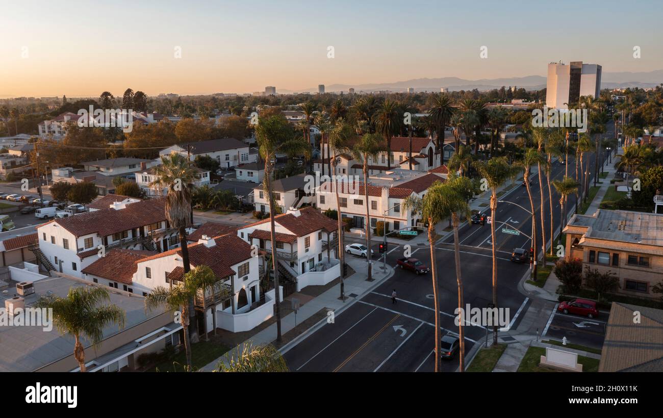 Sunset aerial view of the urban core of downtown Santa Ana, California, USA. Stock Photo