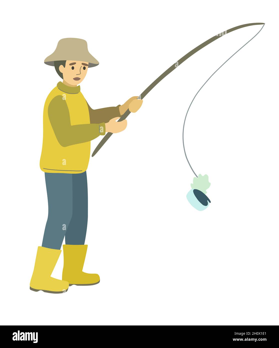 The fisherman hooked a tin can instead of fish. Cartoon concept