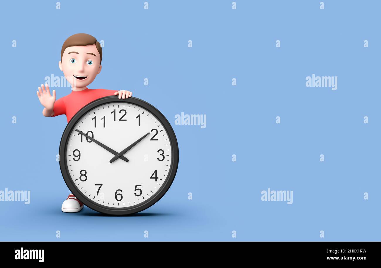 Young 3D Cartoon Character with Clock on Blue Background with Copy Space Stock Photo