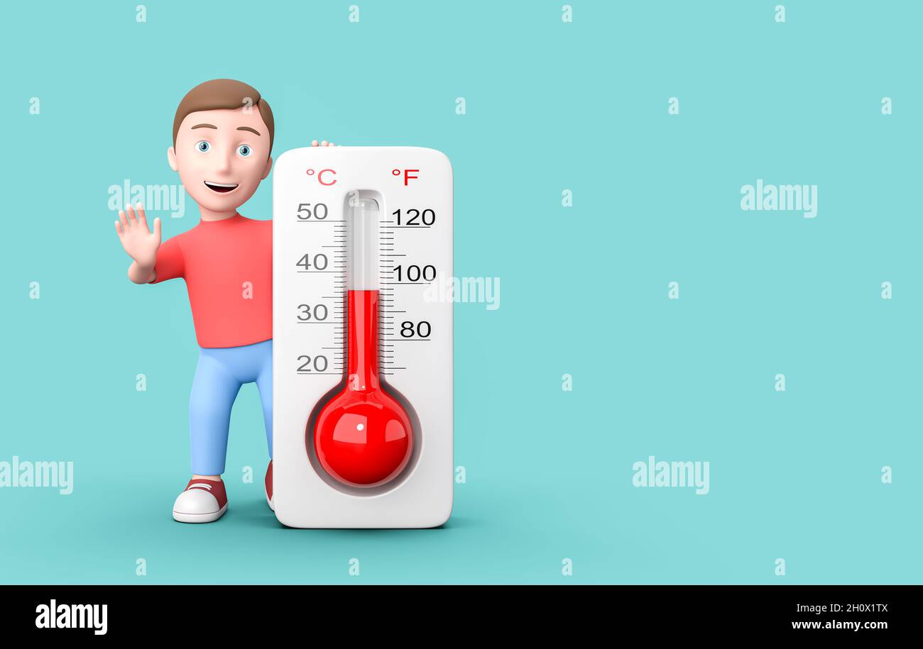 Young 3D Cartoon Character with Thermometer on Blue Background with Copy Space Stock Photo