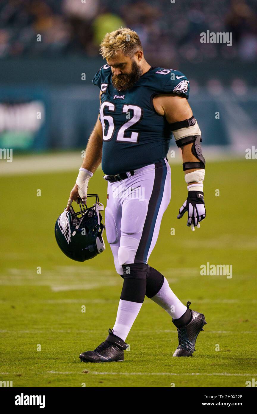 Philadelphia, Pennsylvania, USA. 14th Oct, 2021. Philadelphia Eagles center Jason  Kelce (62) walks off the field following the NFL game between the Tampa Bay  Buccaneers and the Philadelphia Eagles at Lincoln Financial