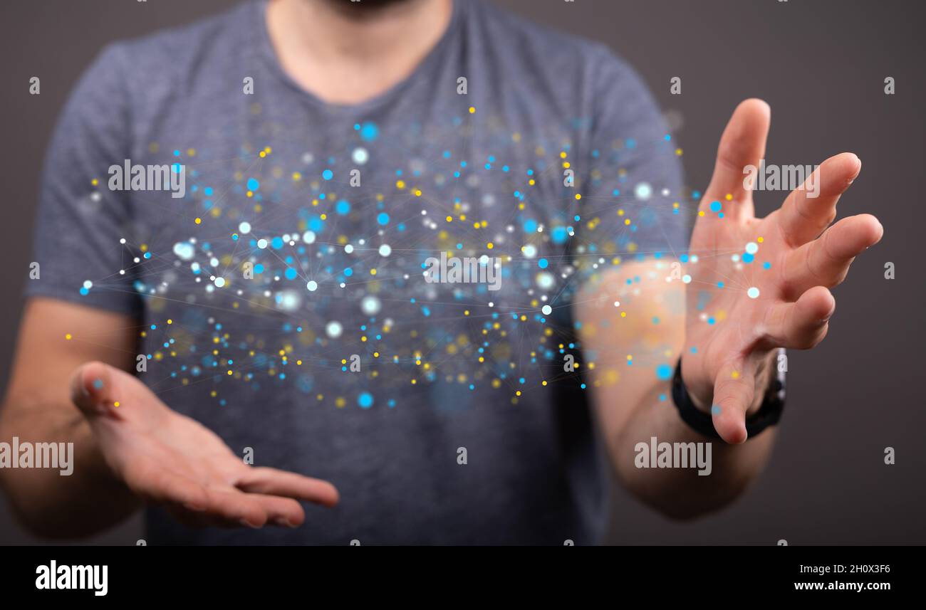 Person presenting the virtual projection of digital conference teamwork ...