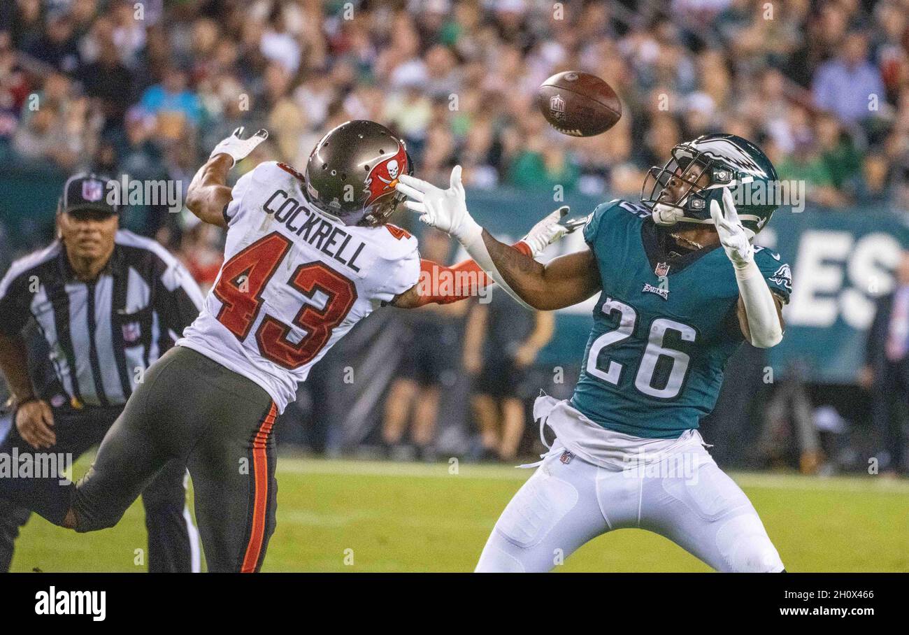 Philadelphia, Pennsylvania, USA. 14th Oct, 2021. Tampa Bay cornerback ROSS COCKRELL, #43 breaks up a pass to Eagles running back MILES SANDERS, #26, during an NFL football game between the Philadelphia Eagles and the Tampa Bay Buccaneers at Lincoln Financial Field in Philadelphia, Pennsylvania. Tampa Bay won 28-22. (Credit Image: © Jim Z. Rider/ZUMA Press Wire) Stock Photo