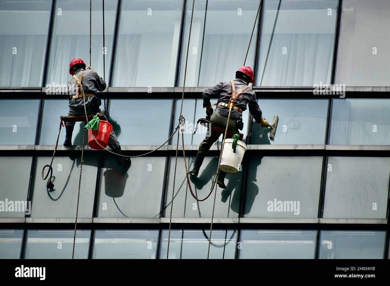 2 Fensterputzer an Seilen hängend an einer Hochhausfassade in Shanghai mit der Möglichkeit, das Innere der Wohnungen und Büros einzusehen,$ Stock Photo