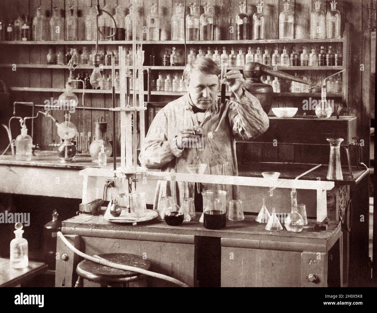 Thomas Alva Edison (1847–1931), who has been described as America's greatest inventor, working in the Chemical Department building in his West Orange, New Jersey, laboratory complex in 1890. (USA) Stock Photo