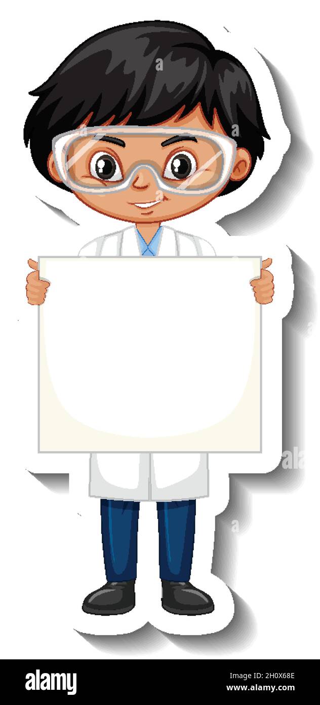 Scientist boy holding empty board cartoon character sticker ...