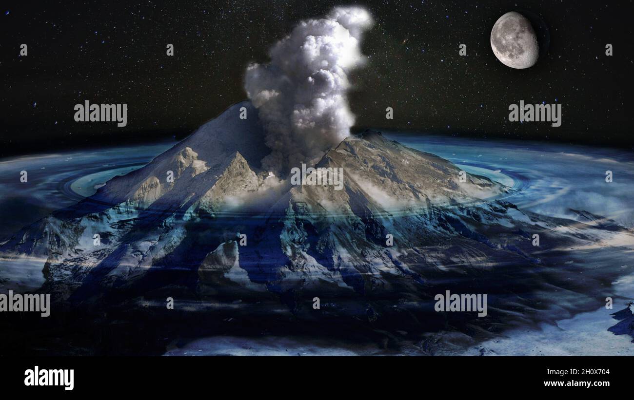 Rise in sea level, flooding of most of the land. Remaining volcano erupts against the sea and starry sky with the moon. Concept of global climat chang Stock Photo