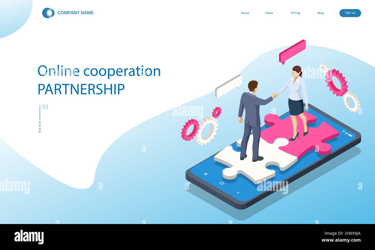 Isometric people connecting puzzle elements. Business teamwork, cooperation, partnership. Team work, team building, corporate organization. Puzzle Stock Vector