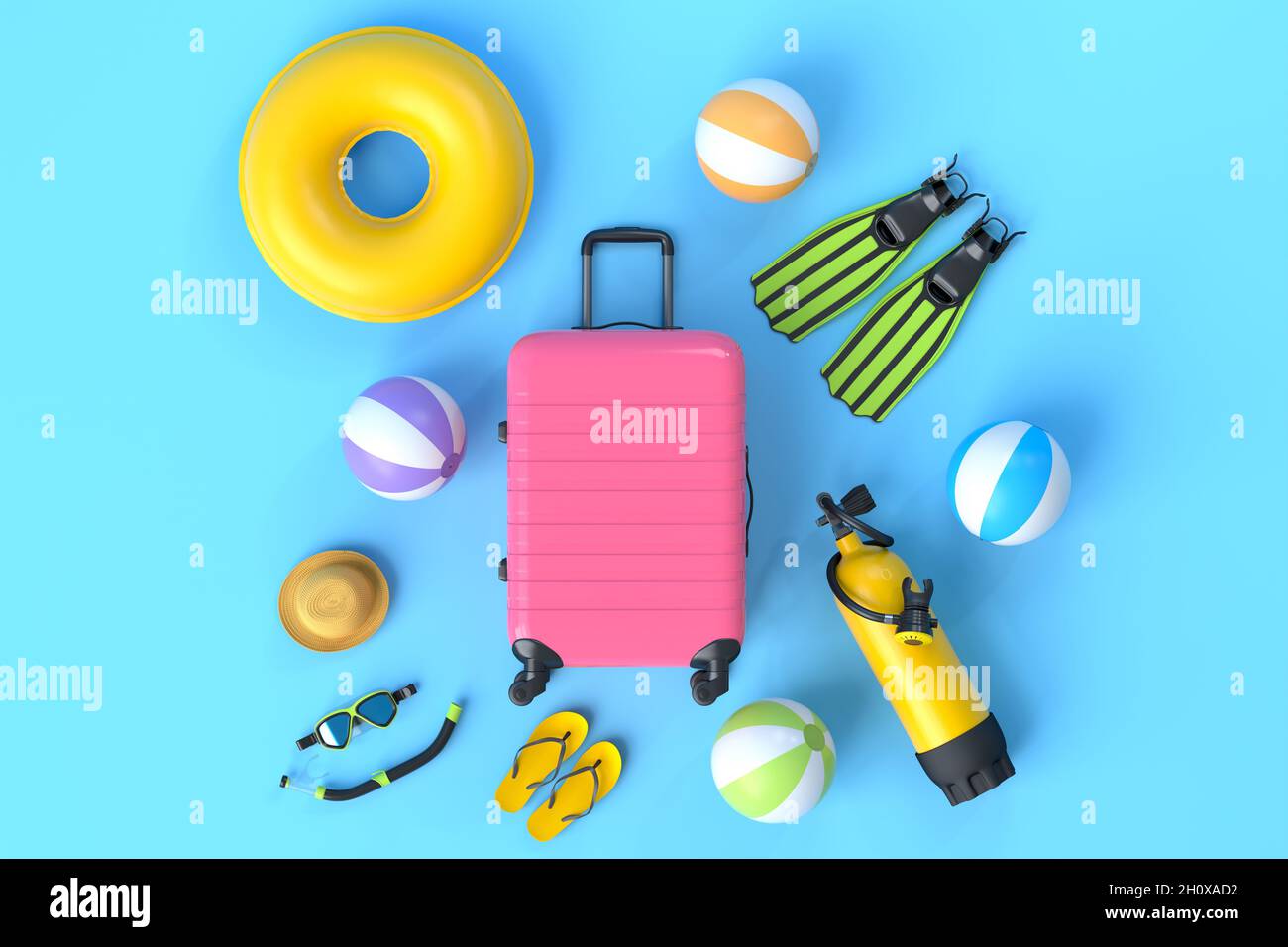 Colorful suitcase or baggage with beach accessories on blue background. Stock Photo