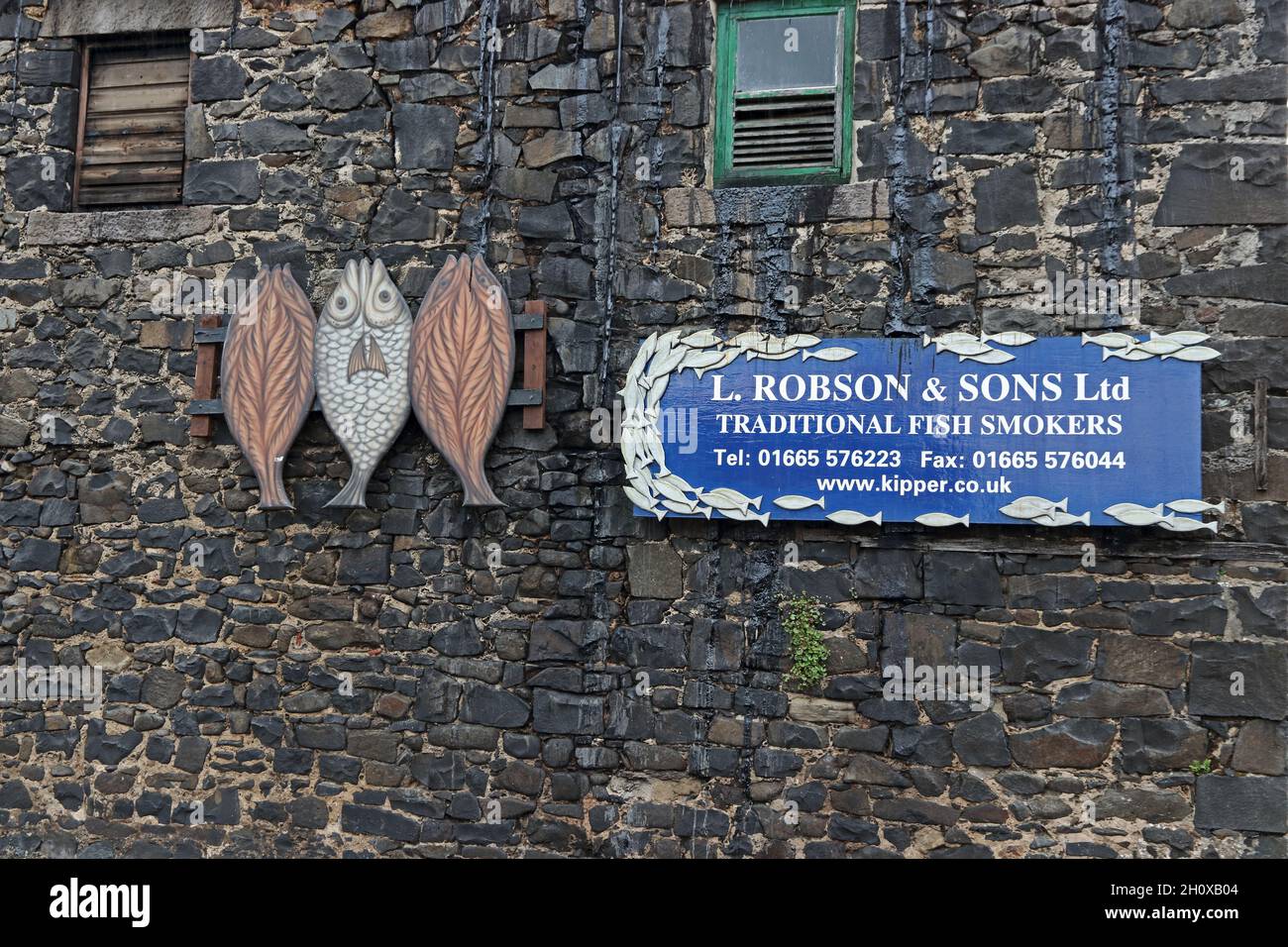 Sign outside L Robson & Sons smokehouse, Craster Stock Photo