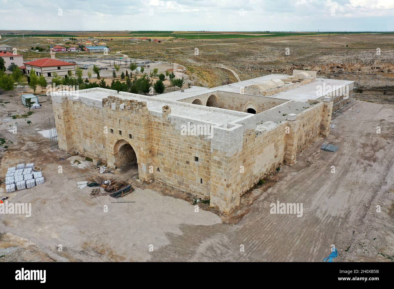 A caravanserai belonging to the Seljuk period in Obruk village of Konya. Restoration is currently underway in Obruk Caravanserai. Stock Photo