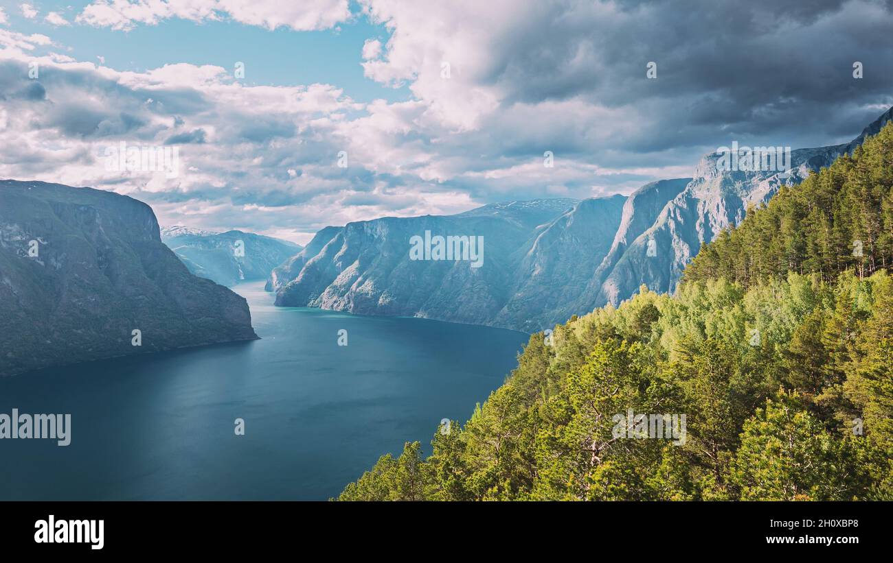 Sogn And Fjordane Fjord, Norway. Amazing Fjord Sogn Og Fjordane. Summer Scenic View Of Famous Natural Attraction Landmark And Popular Destination In Stock Photo