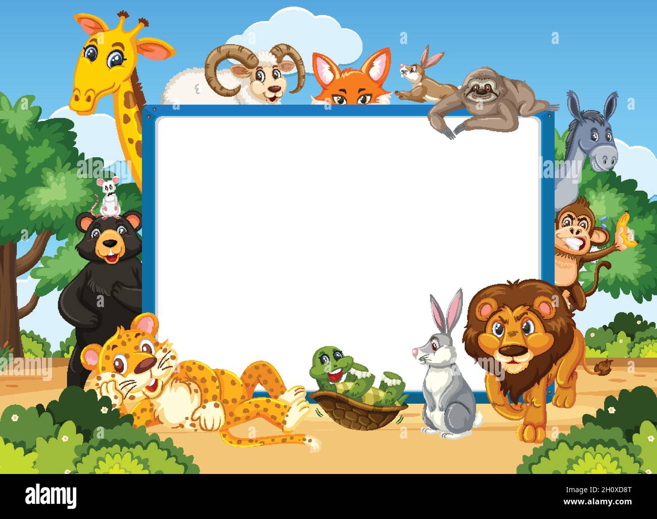 Empty banner with various wild animals in the forest illustration Stock ...