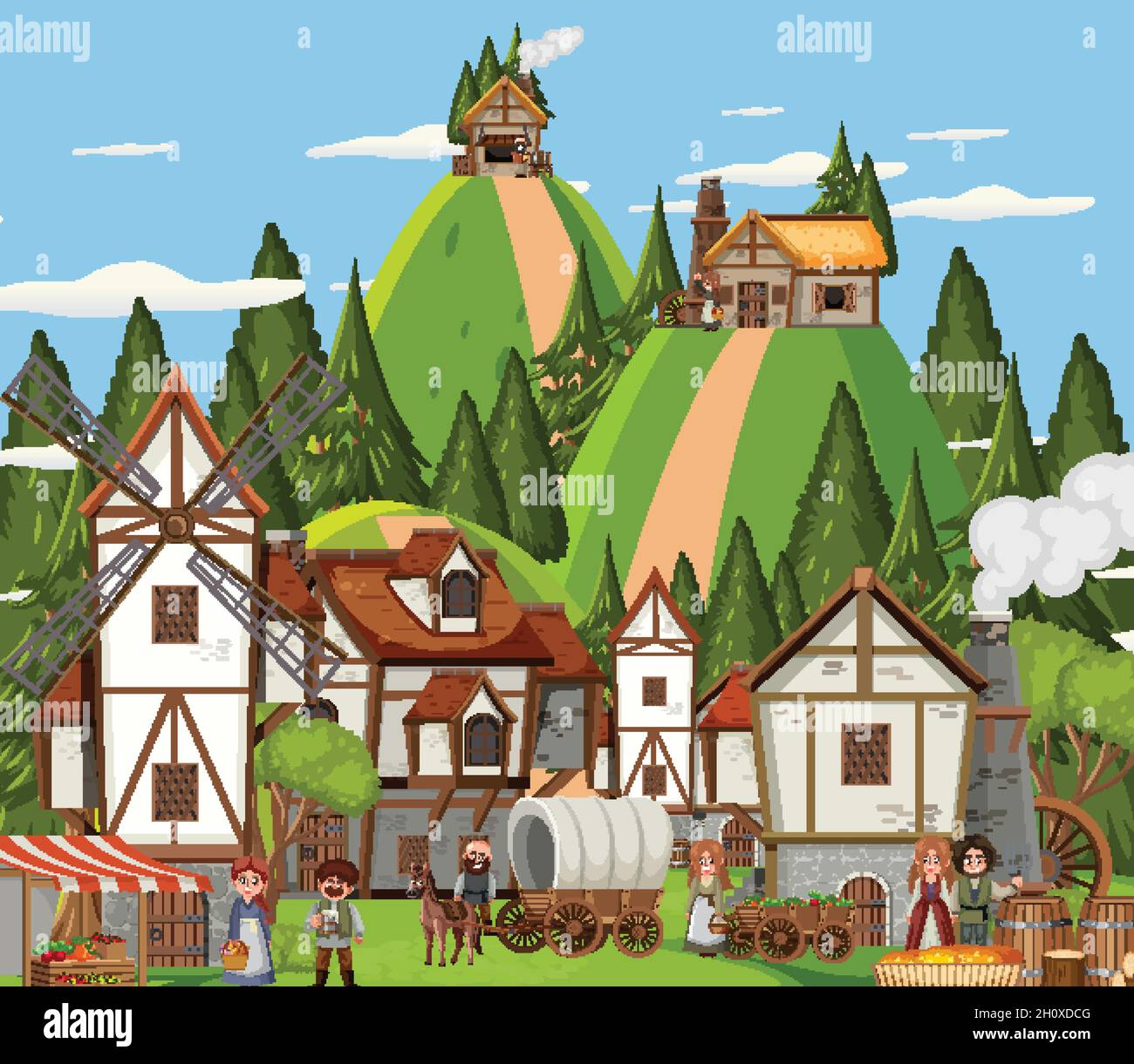 Medieval town scene with villagers illustration Stock Vector Image ...