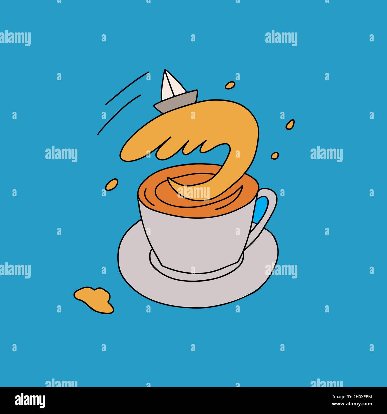 Storm in a teacup. Metaphoric idiom. Teacup, wave and ship. Stock Vector