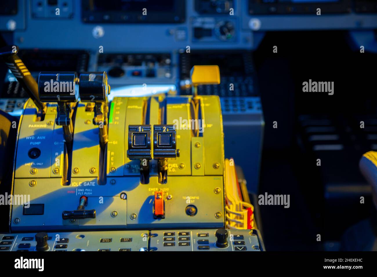 Airplane steering wheel. Control lever for engines, landing gear
