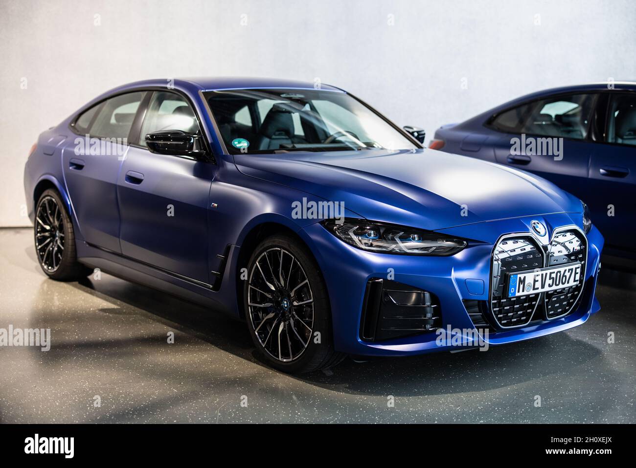 Garching, Germany. 29th Sep, 2021. The BMW i4 is seen during a BMW press event on the BMW i4