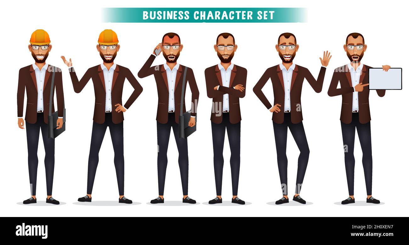 Business man character vector set. Businessman engineer employee characters standing with hard hat, white board and bag elements for builder and staff. Stock Vector