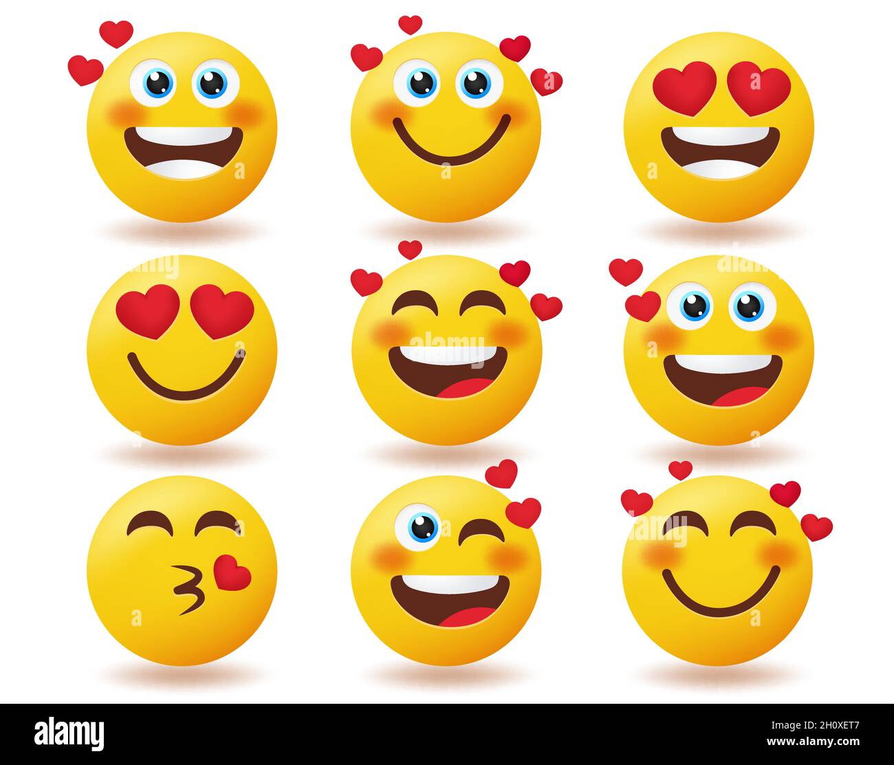 Emoji valentines inlove emoticon vector set. Emoticons love characters in smiling blushing and kissing facial expressions isolated in white background. Stock Vector