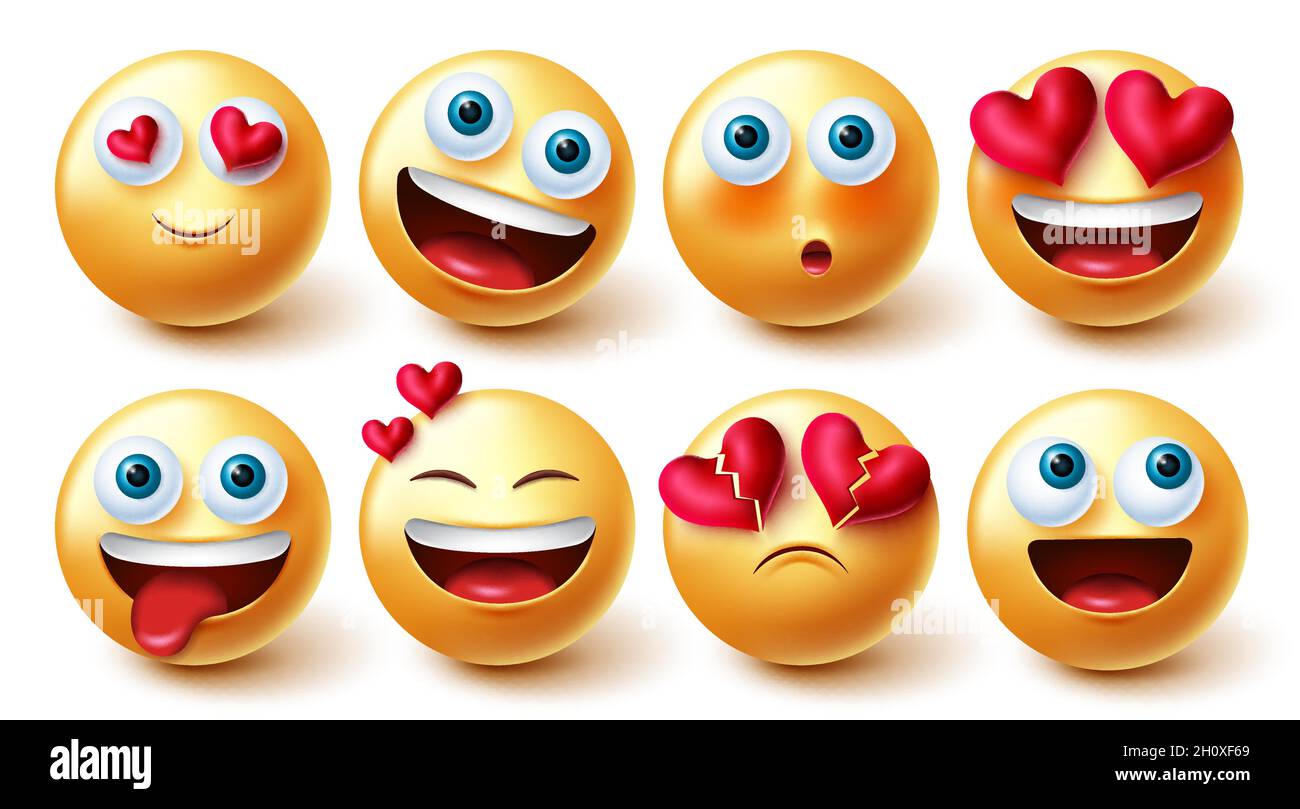 Emojis in love vector set. 3d love emoji characters with hearts element in smiling and blushing face expression for cute valentines emoticons graphic. Stock Vector