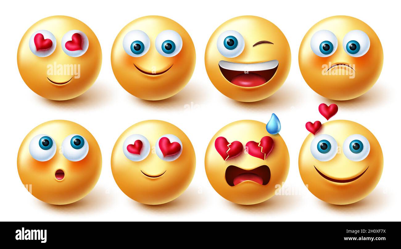 Emojis character vector set. Emoji 3d in happy and inlove facial reactions and expression isolated in white background for yellow emoticon graphic. Stock Vector