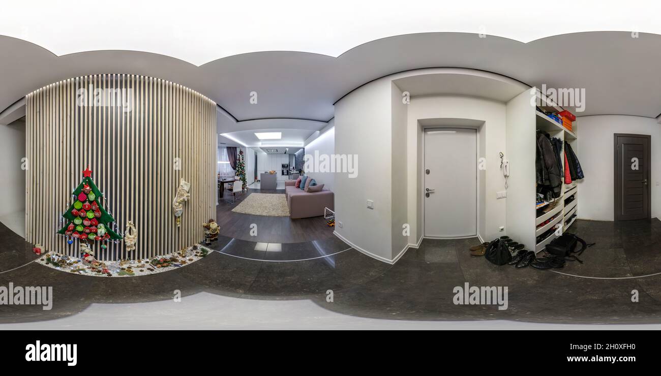 GOMEL, BELARUS - May 2020: 360 hdri panorama in white corridor in interior of entrance hall of modern apartments in equrectangular projection Stock Photo