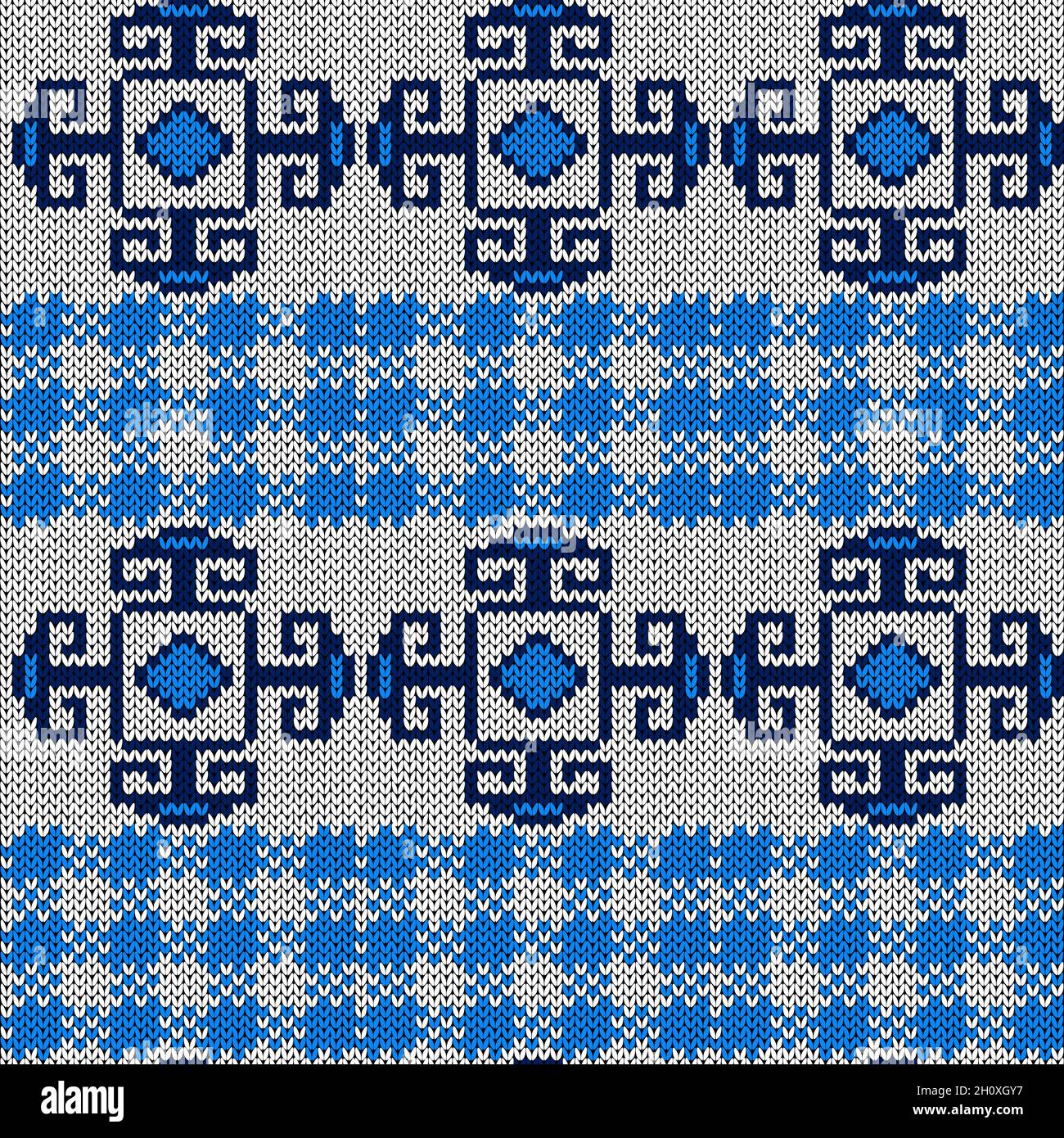 Ornamental knitting seamless vector pattern in blue and white colors as ...
