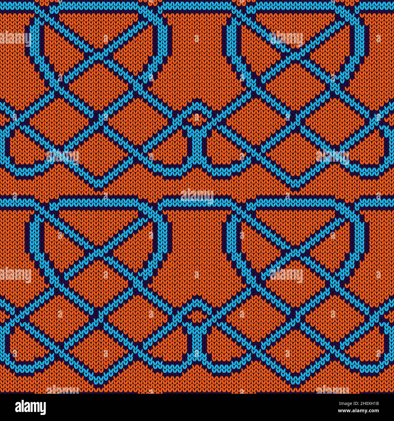 Seamless knitting ornate in blue and orange colors, vector pattern as a ...