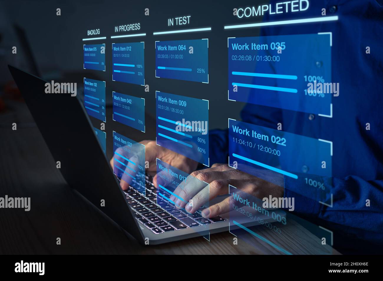 Agile software development with developer using Kanban board framework methodology on computer. Lean project management tool for fast changes, devops Stock Photo