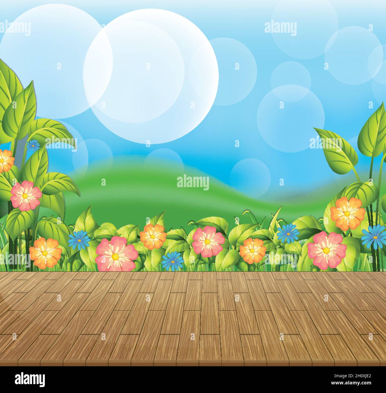 Nature background with flower field and green grass illustration Stock ...