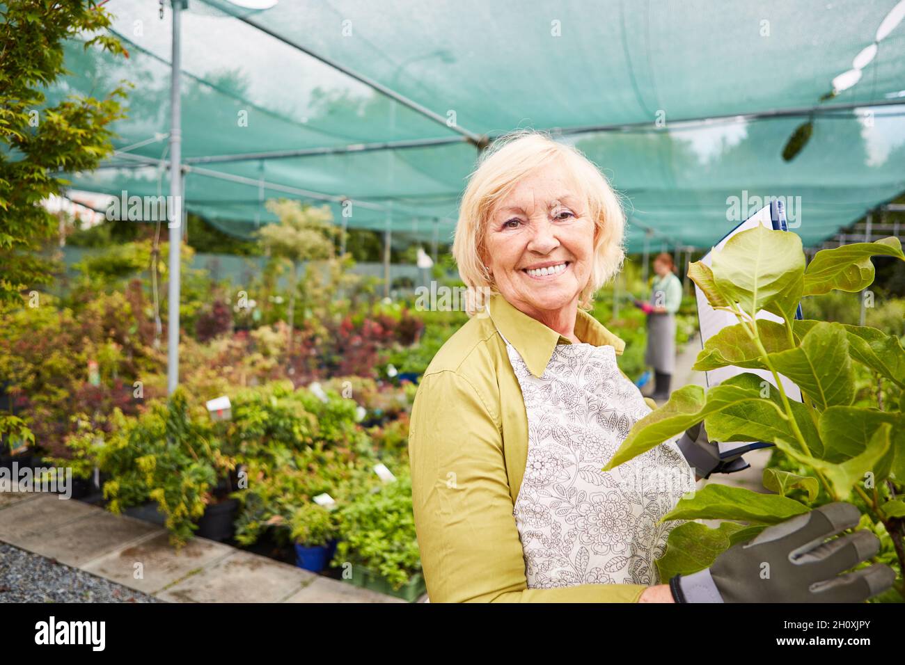 Happy senior woman as plant nursery owner with inventory checklist Stock Photo