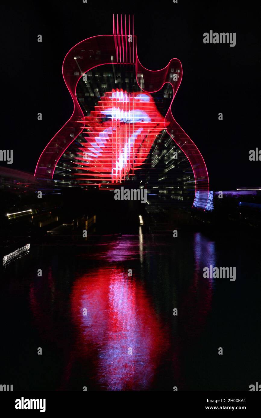 Hollywood FL, USA. 14th Oct, 2021. The Rolling Stones Tongue is prominently  displayed on the Guitar Hotel to celebrate The Rolling Stones Bringing The  "No Filter" Tour to Hard Rock Live on