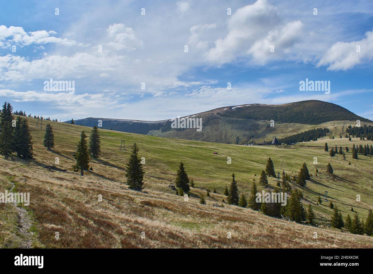 Panoramic view from the ski slope in mountains Sureanu with peak cloud sky and fir trees Stock Photo