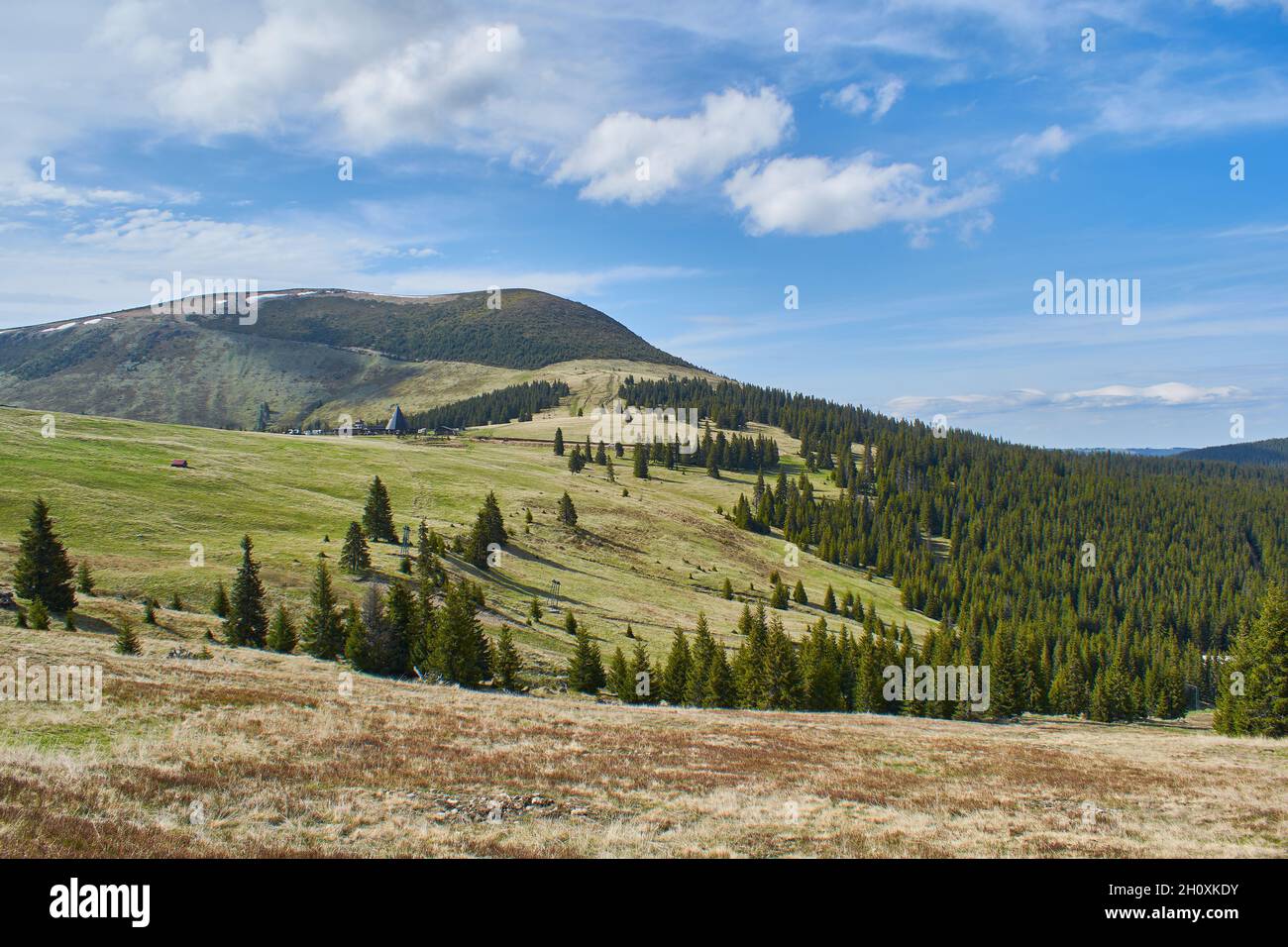 Panoramic view from the ski slope in mountains Sureanu with peak cloud sky and fir trees Stock Photo