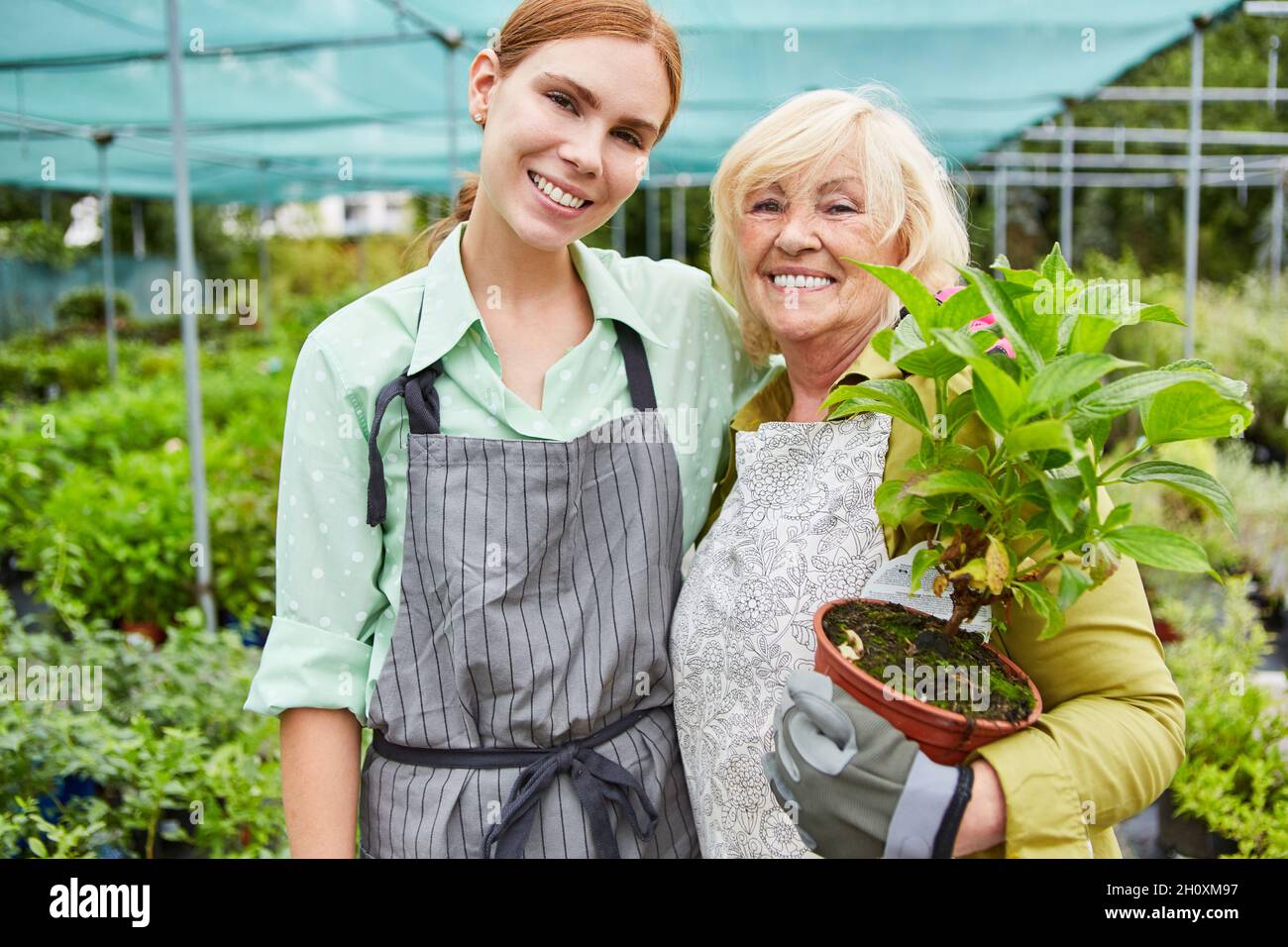 Two women as a happy gardener team in the garden center with flowers and plants Stock Photo