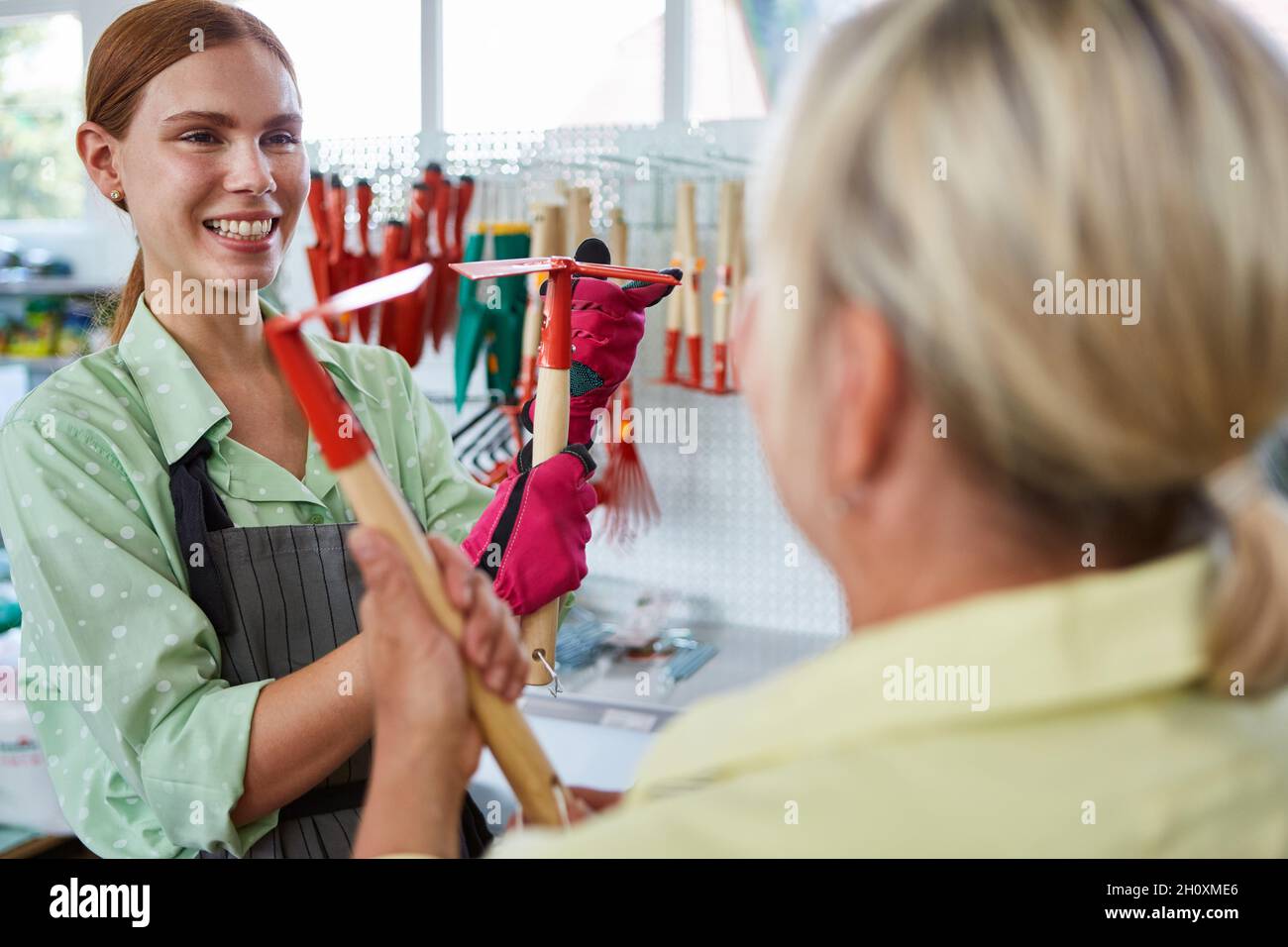 A young saleswoman gives a customer advice on shopping in a hardware store Stock Photo