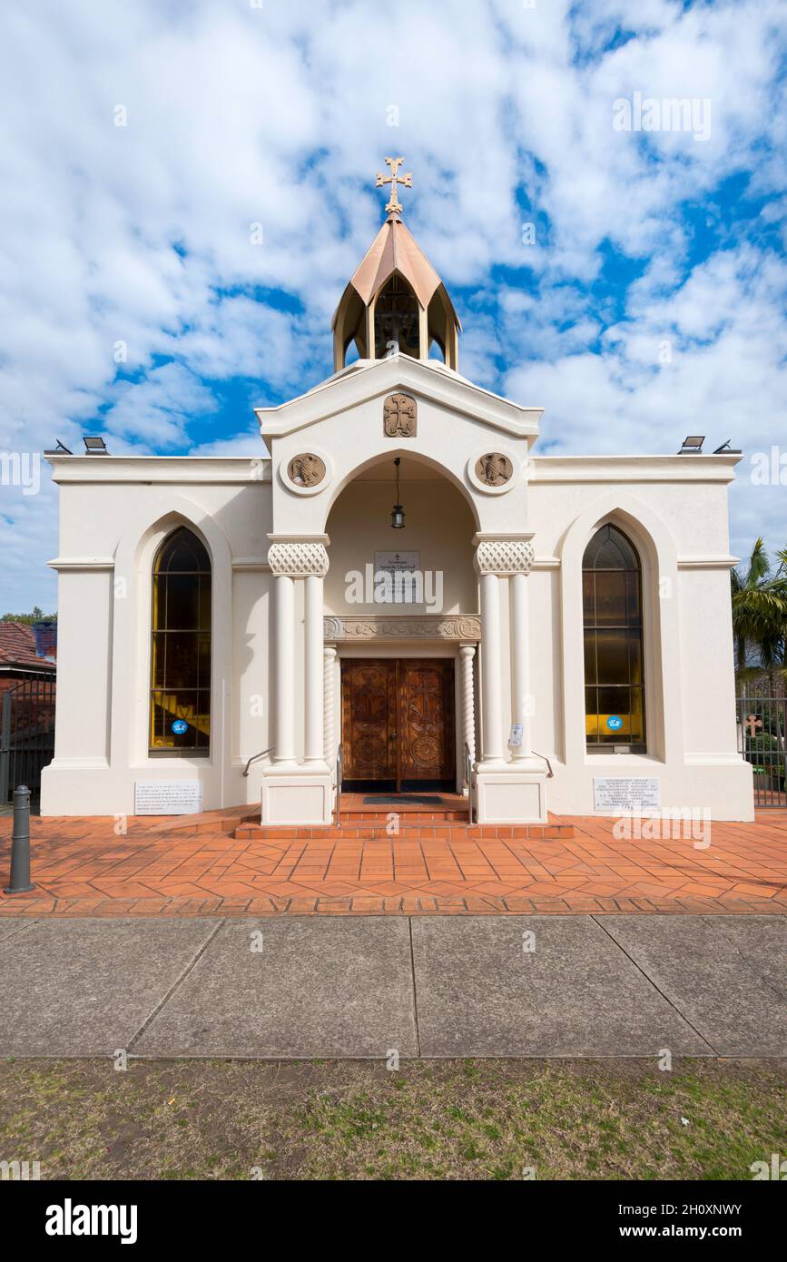 The Armenian Apostolic Church in Chatswood, Sydney, Australia was built in 1966 with the upper room and traditional pyramidal dome added in 1976 Stock Photo