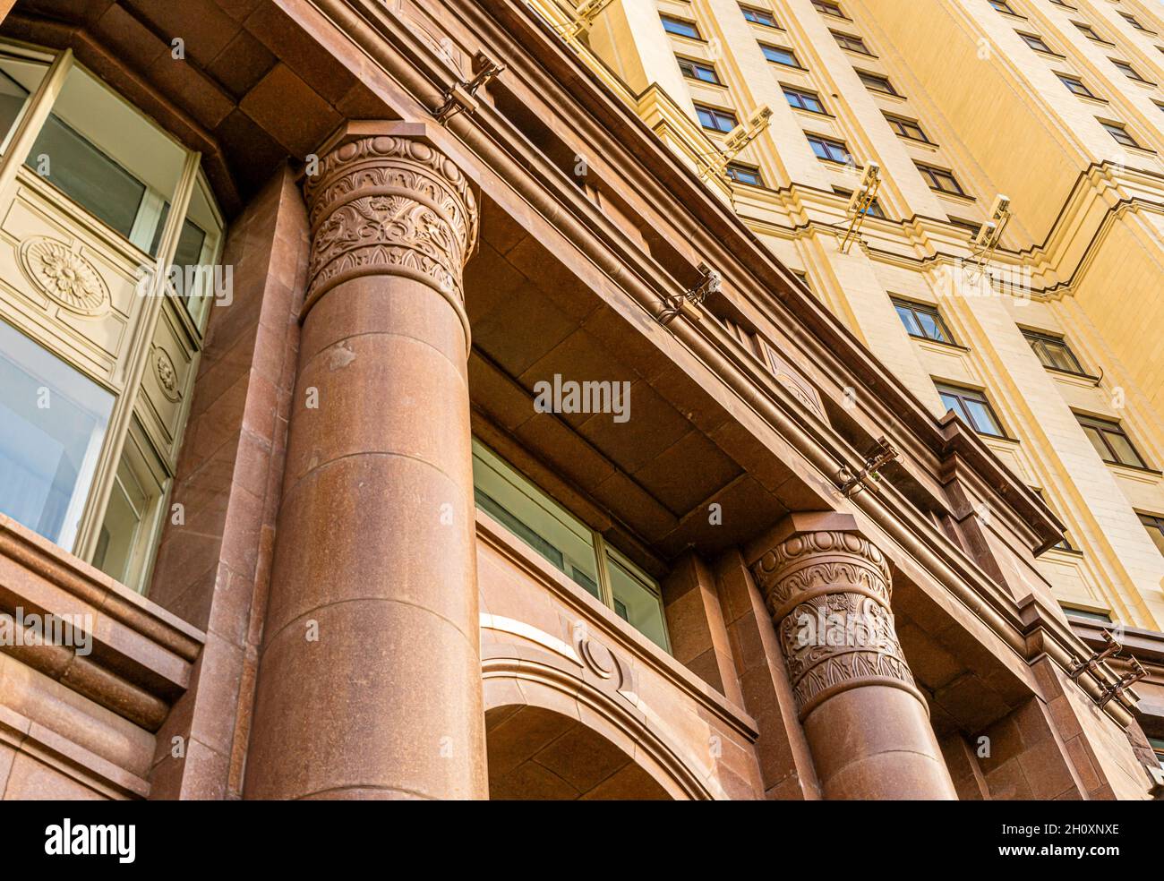 Detail of classicist columns on Kotelnicheskaya Embankment Building, Stalinist socialist classicism, Moscow, Russia Stock Photo