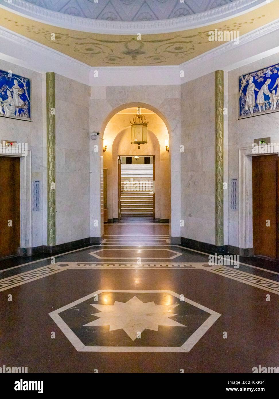 Decorated interior lobby hall, entryway of Kotelnicheskaya Embankment Building, Stalinist socialist classicism, Moscow, Russia Stock Photo