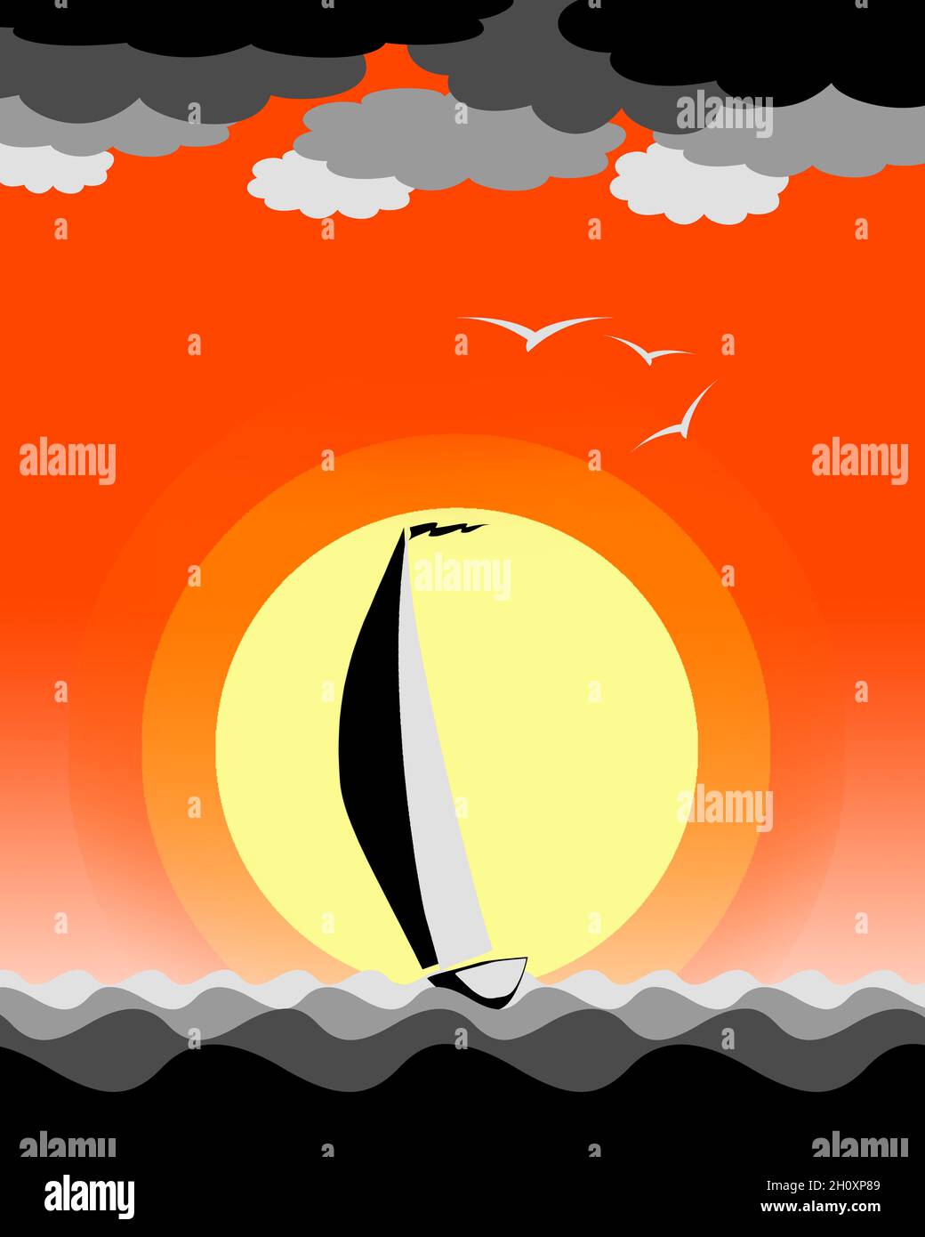 Sailing yacht on the background of a colorful sunset vector vertical