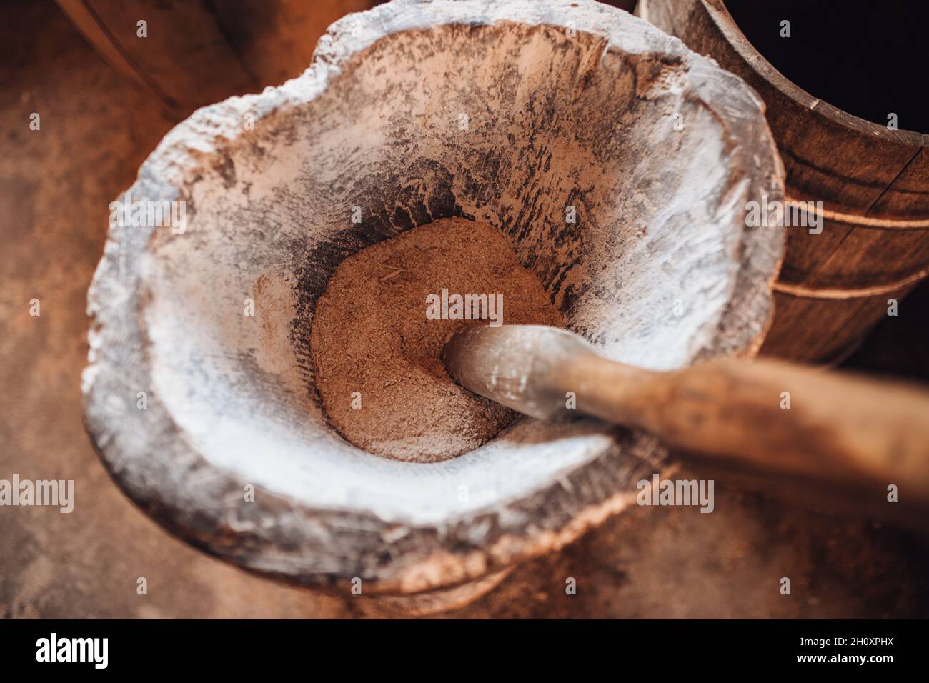 Antique wooden flour grinder authentic bread making homemade recipe Stock Photo Alamy