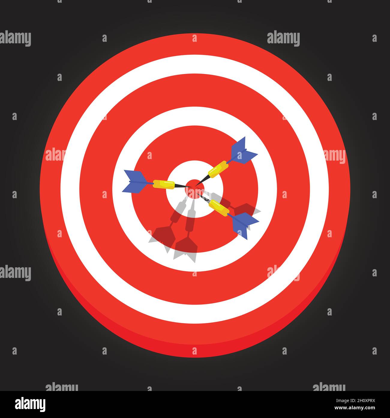 Dart board with 3 arrows hitting bullseye Stock Vector
