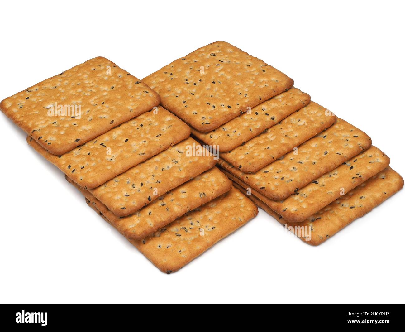 Several delicious crackers on white background, top view Stock Photo