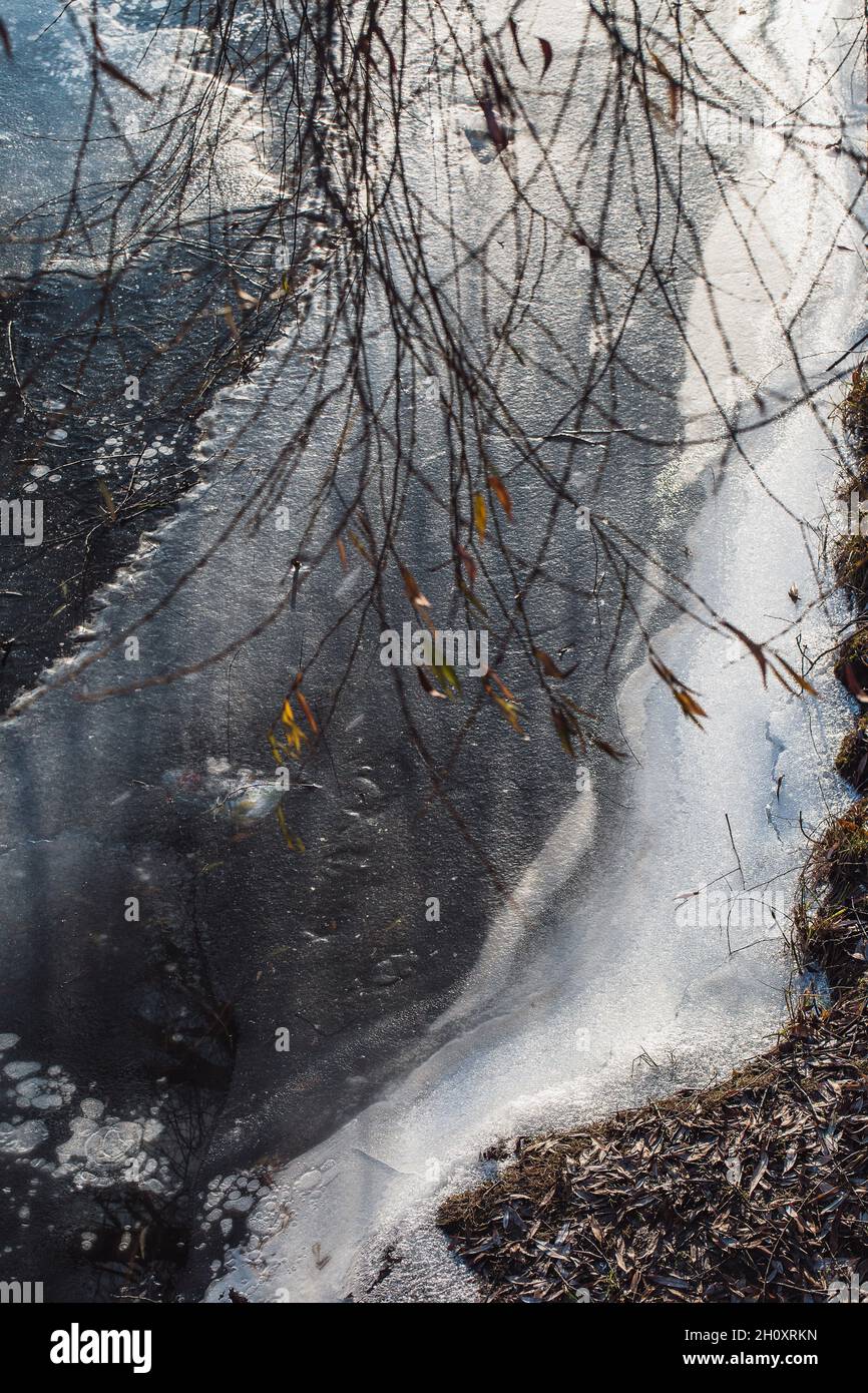 Frozen water in the river under the ice - winter landscape Stock Photo ...