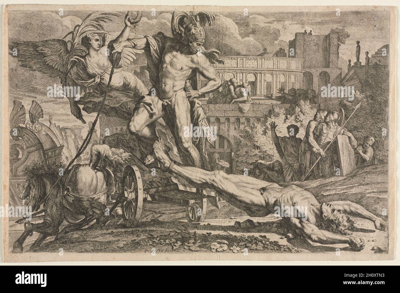 Achilles Dragging the Body of Hector, 1648. Pietro Testa (Italian, 1612-1650). Etching;  The strong diagonals and heroic male bodies in this print relay an episode from the Trojan War in which the Greek warrior Achilles takes vengeance on the Trojan prince Hector for murdering his friend Patroclus. Here, Achilles is depicted dragging Hector’s dead body behind a chariot outside the gates of Troy. Primarily a draftsman and printmaker, Pietro Testa was known for the remarkable effects of space, texture, and light he was able to achieve by immersing the copper plate in an acid bath in several stag Stock Photo